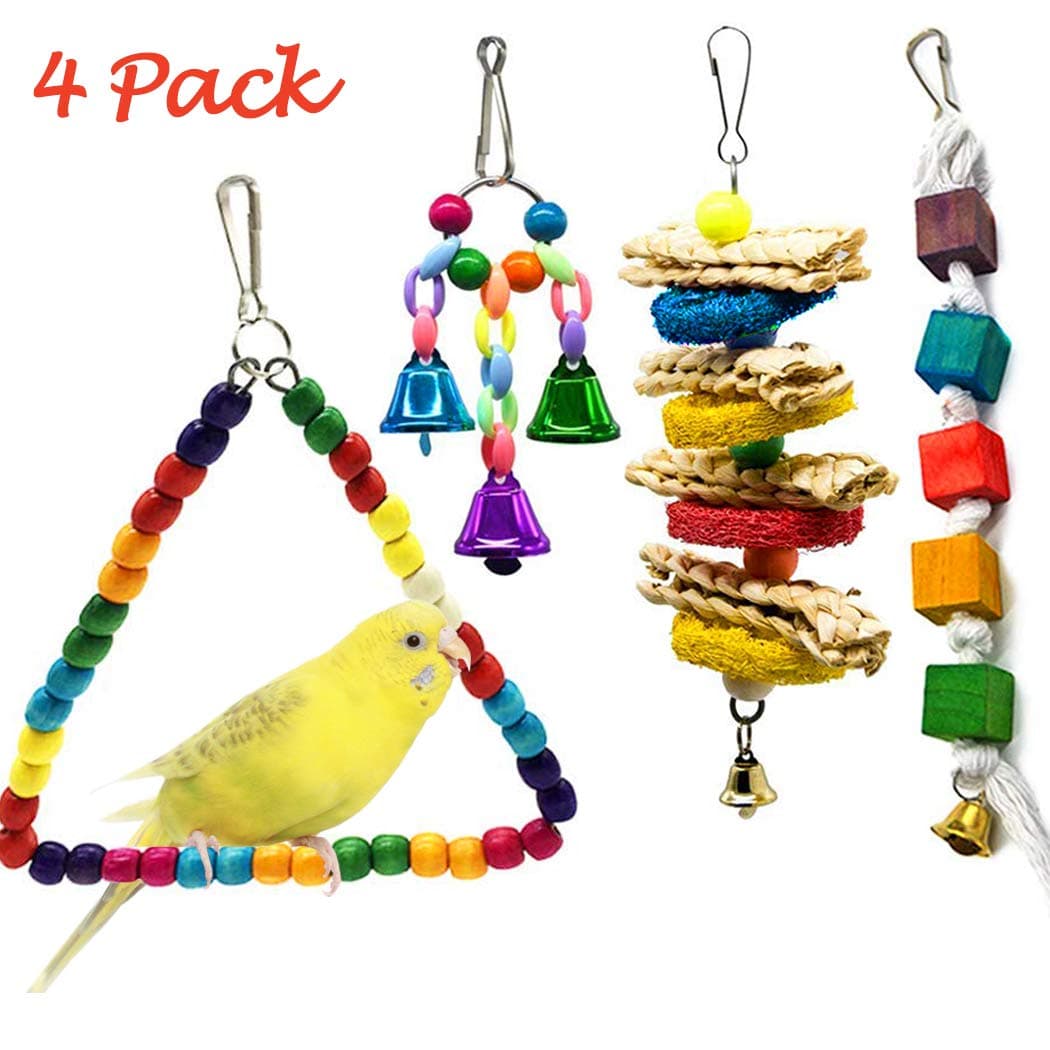 CREATIEES 4Pcs Pet Bird Parrot Swing Toys with Bells, Eco-friendly Birds Cage Toy for Parakeet Finch Canary Small Medium Birds - Hanging Chewing Toys & Pet Training Accessories
