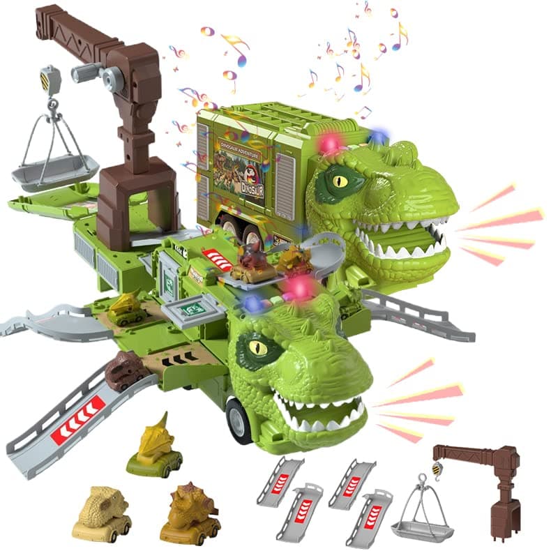 New Dinosaur Transforming Engineering Truck Track Toy Set with Colored Lights and Music, Dinosaur Car Transporter Transformation Toy for Boys and Girls (Green—T-Rex)