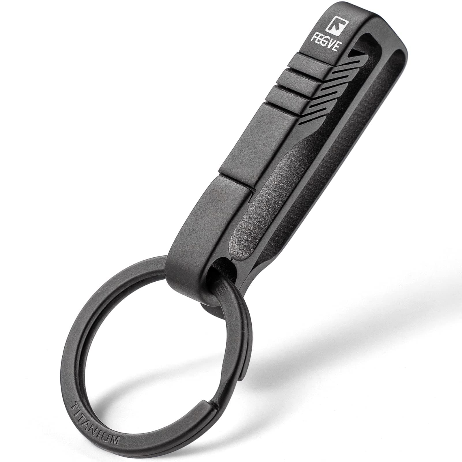 FEGVE Titanium Key Belt Clip with Key Ring, Belt Key Holder Key Chain Clip Black Keychain for Men