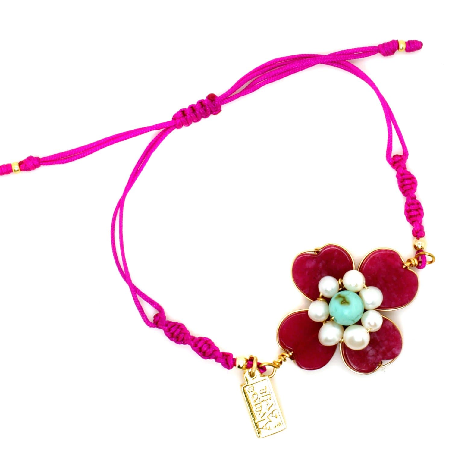 Red Flower Natural Stone Knotted String Bracelet: Purple