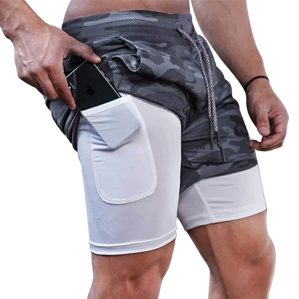 Mens Running Gym 2 in 1 Sports Shorts Breathable Outdoor Workout Training Shorts with Pockets