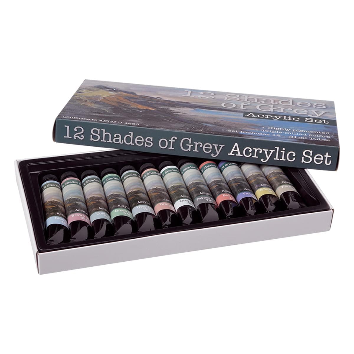 12 Shades Of Grey Acrylic Paint Colors - Set of 12 Assorted Greys (21ml/0.7oz), Highly Pigmented Grey Colors for Painting & Crafts