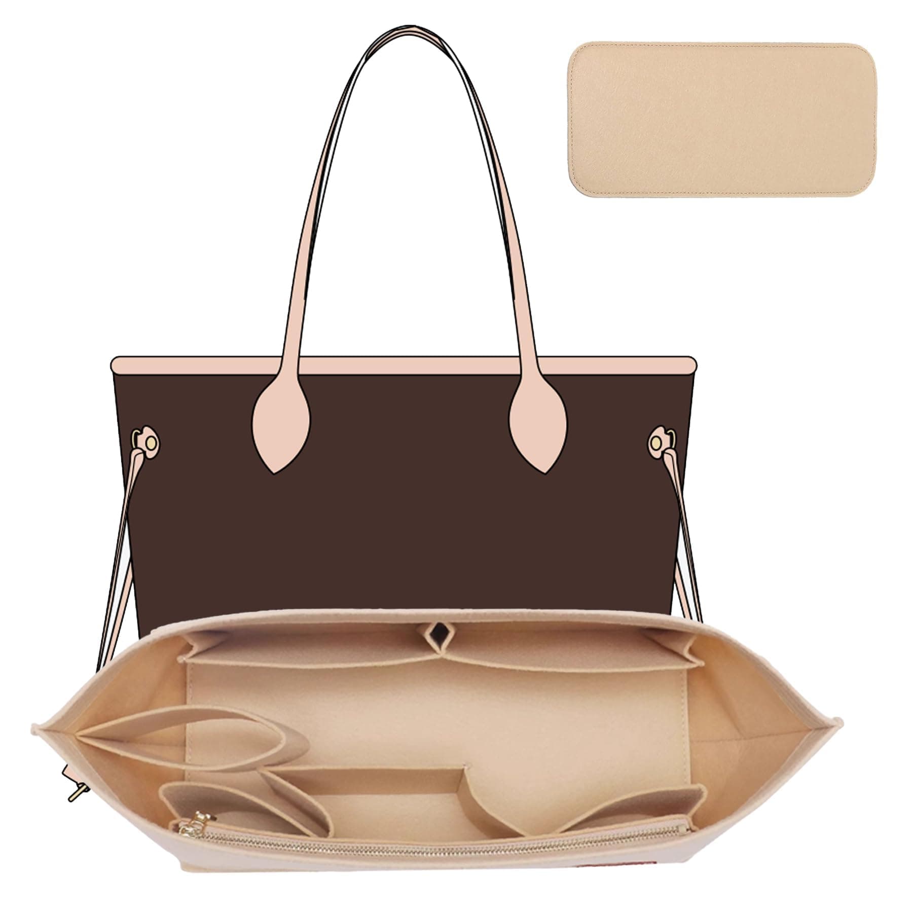 OAikor Tote Bag Organizer Insert with Base Shaper,Felt Purse Organizer Insert Compatible with lv Neverfull MM Organizer,C.oach City 33, Speedy 30 and More, Purse Divider for Bags,Beige/L