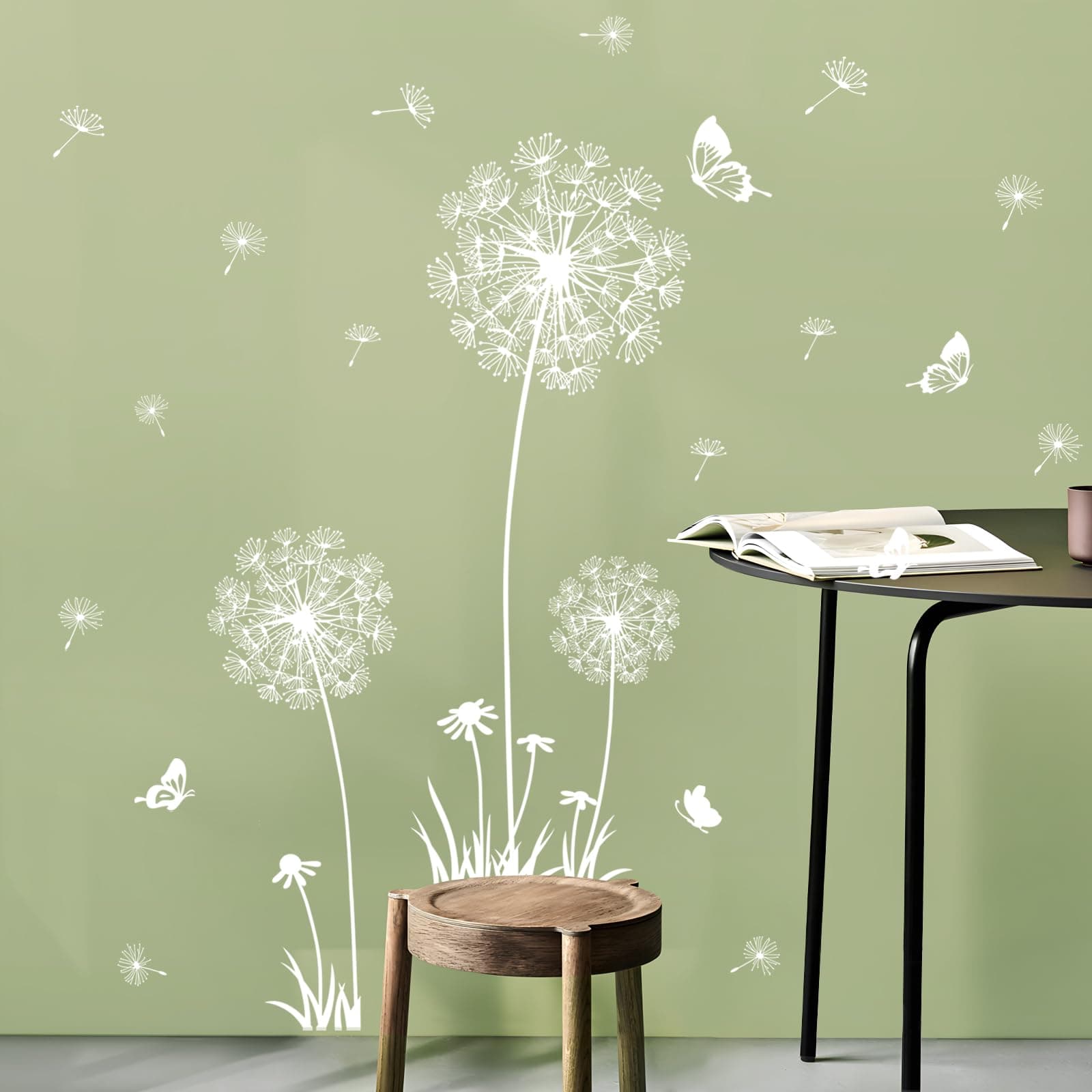 2 Sheets Dandelion Wildflower Wall Decals Art, Wall Stickers Peel and Stick Floral Butterflies Flying Decor for Girls Kids Women Baby Nursery Living Room Bedroom Bathroom Hallway Stairwell (White)