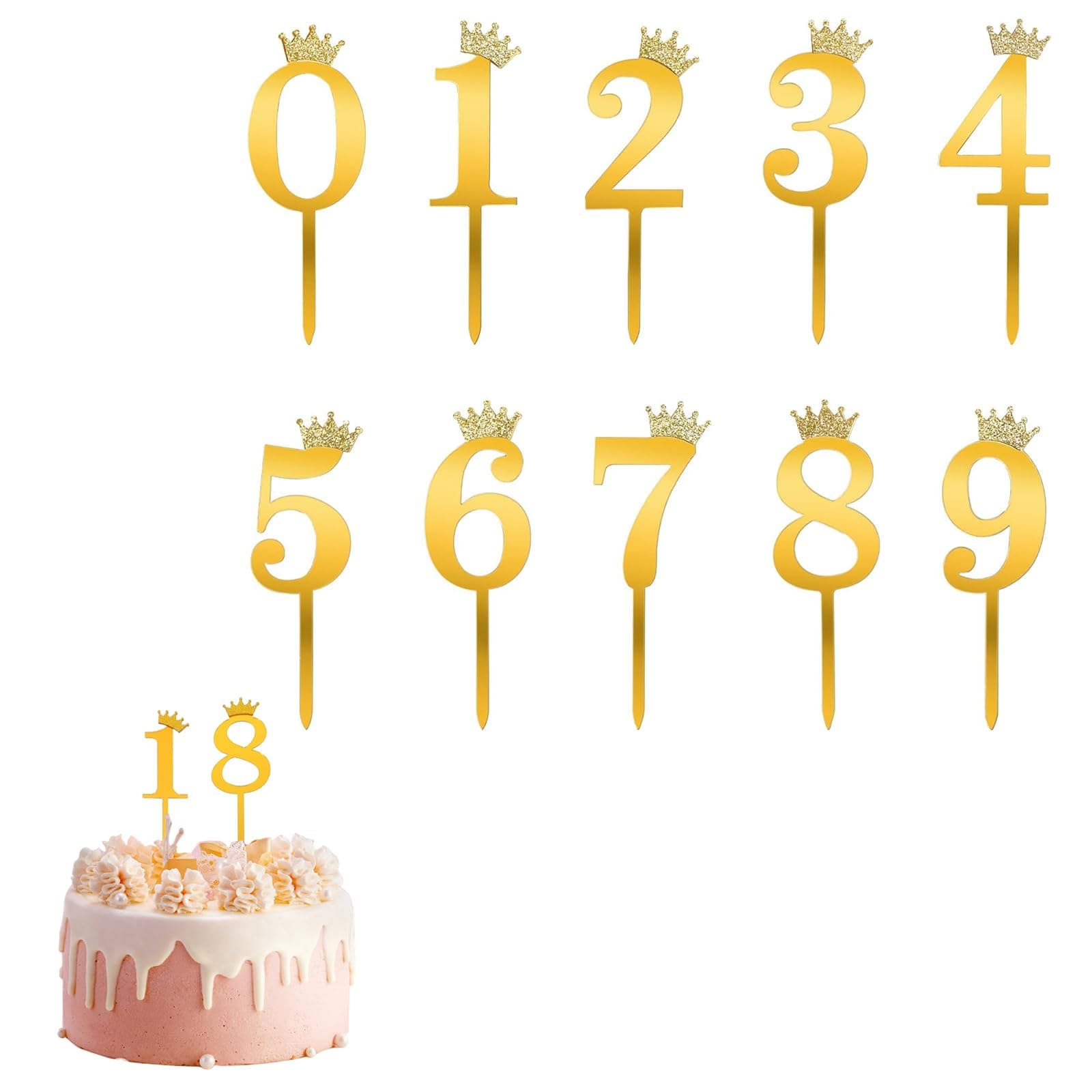 10pcs Gold Glitter Cake Topper,Happy Birthday Acrylic 0-9 Numbers Crown Cake Cupcake Decorations for Birthday Party Cake Desserts Topper Supplies Cake Toppers ()