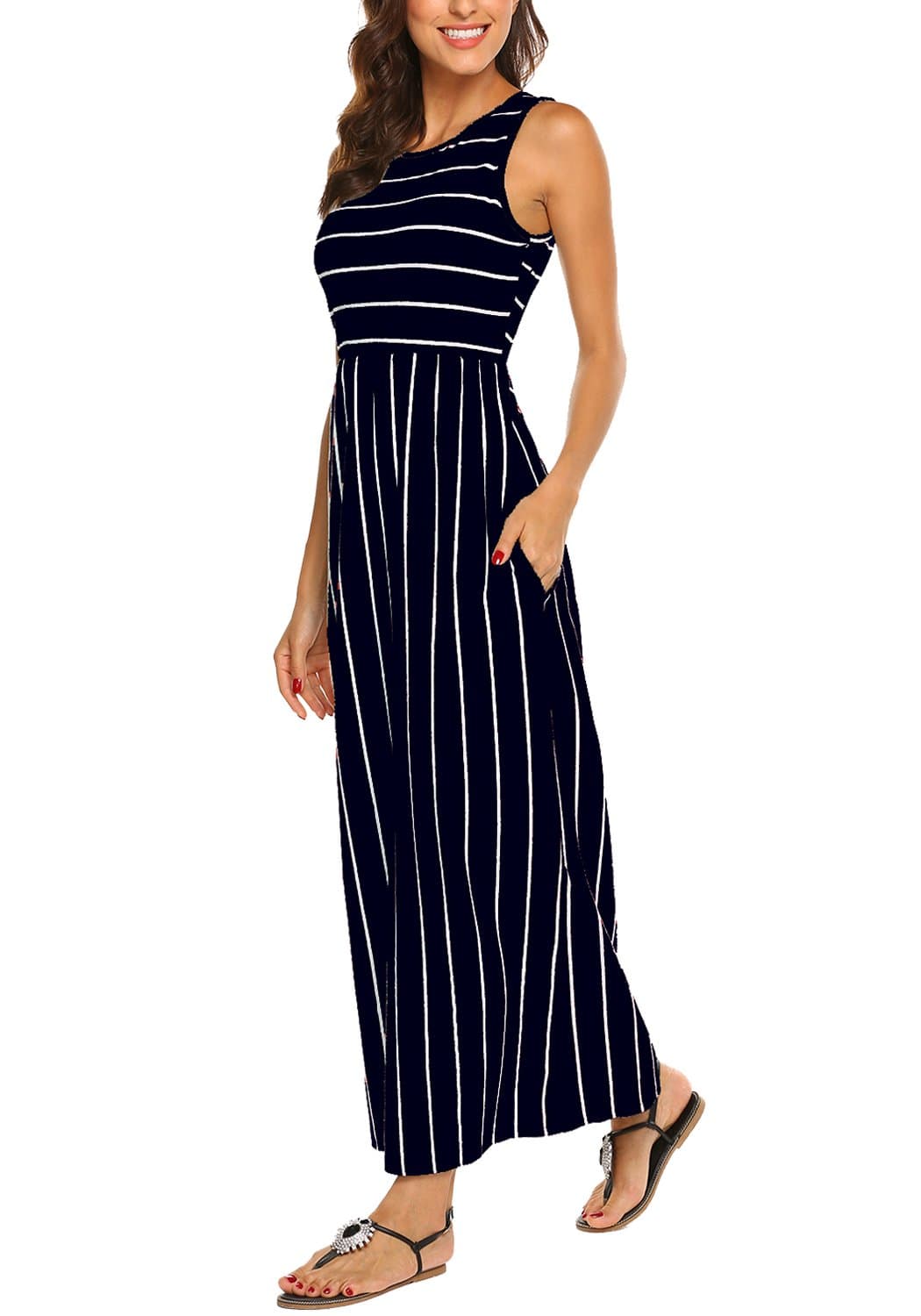Women's Summer Sleeveless Striped Flowy Casual Long Maxi Dress with Pockets