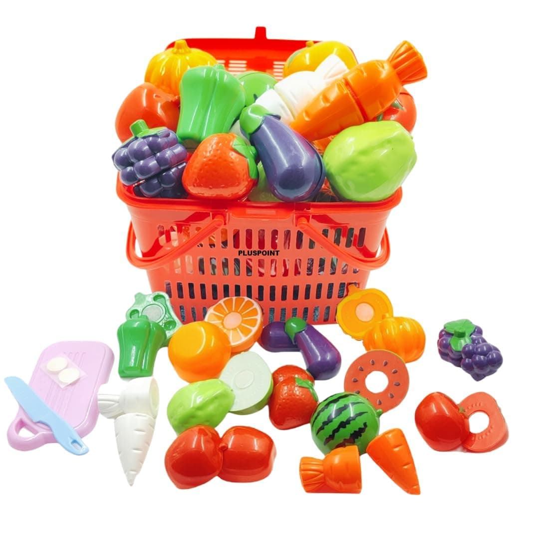 - 15 Pcs Fruit & Vegetable Cutting Toy Set with Basket | Sliceable Pretend Play Kitchen Toys for Kids | Learning Toy with Knife & Cutting Board for Boys & Girls