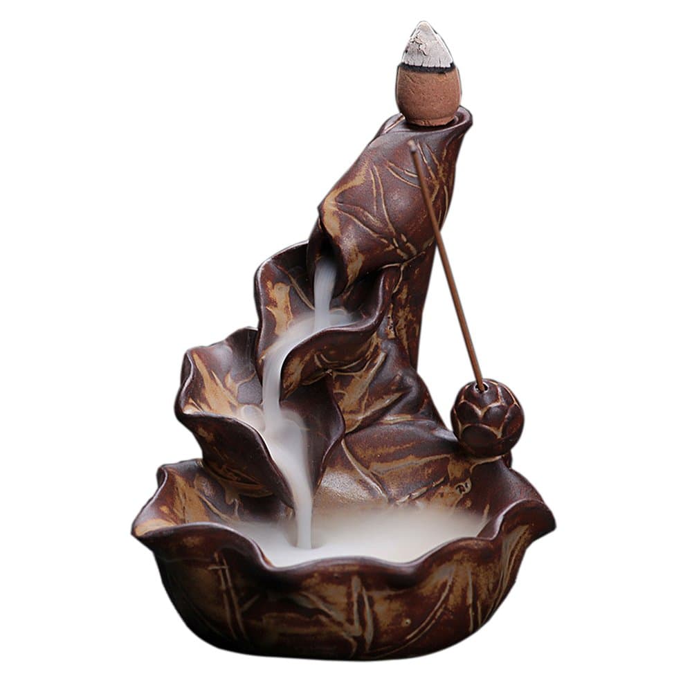 OCIOLI Backflow Incense Burner Incense Waterfall Burner Insencents Holder Backflow Cones Sticks Holder Porcelain Lotus Pond Censer with 10 Cones (Brown)