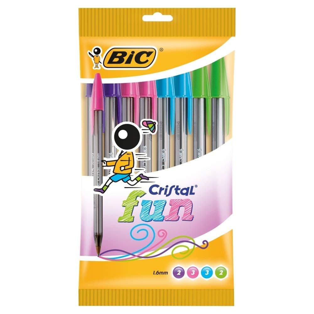 Cristal Fun Ballpoint Pens with 5 Assorted Ink Colours, Wide Point (1.6 mm), Pack of 10