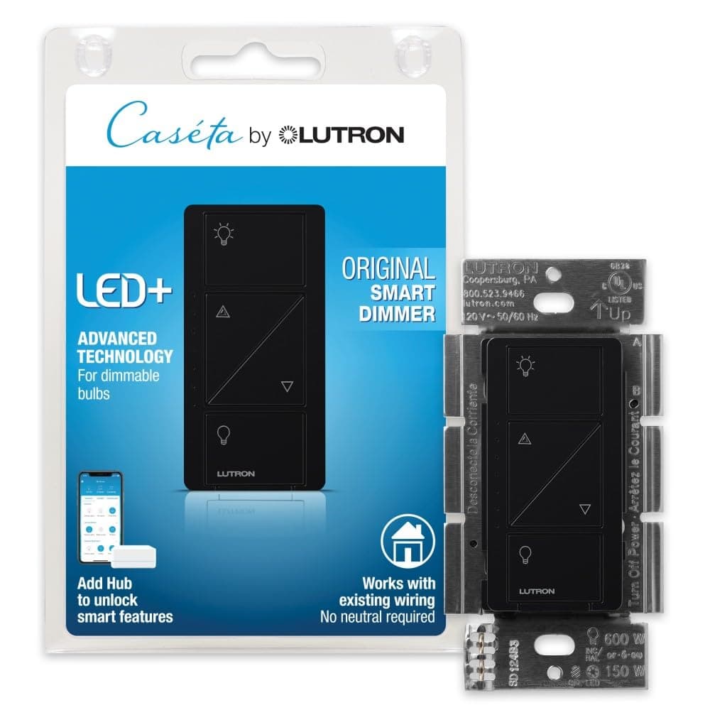 Lutron Caseta Original Smart Dimmer Switch (Lutron Smart Hub Required), for LED Lights, 150 Watt, Single-Pole/3-Way, No Neutral Required, PD-6WCL-BL, Black