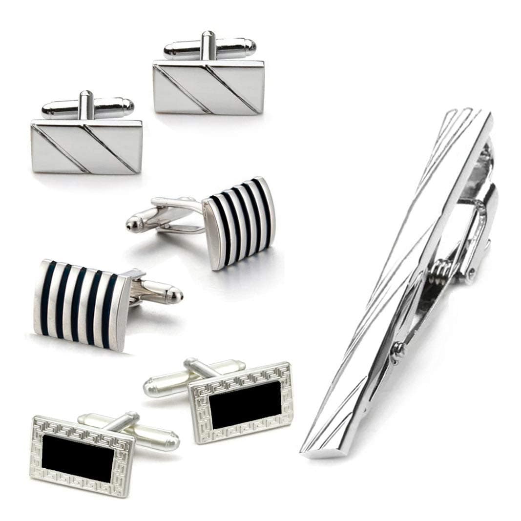 HILELIFE Cufflinks, Cufflinks for Men Tie Clip 4 in 1 Shirt Cuff Links Black Striped Classic Mens Cufflinks Set