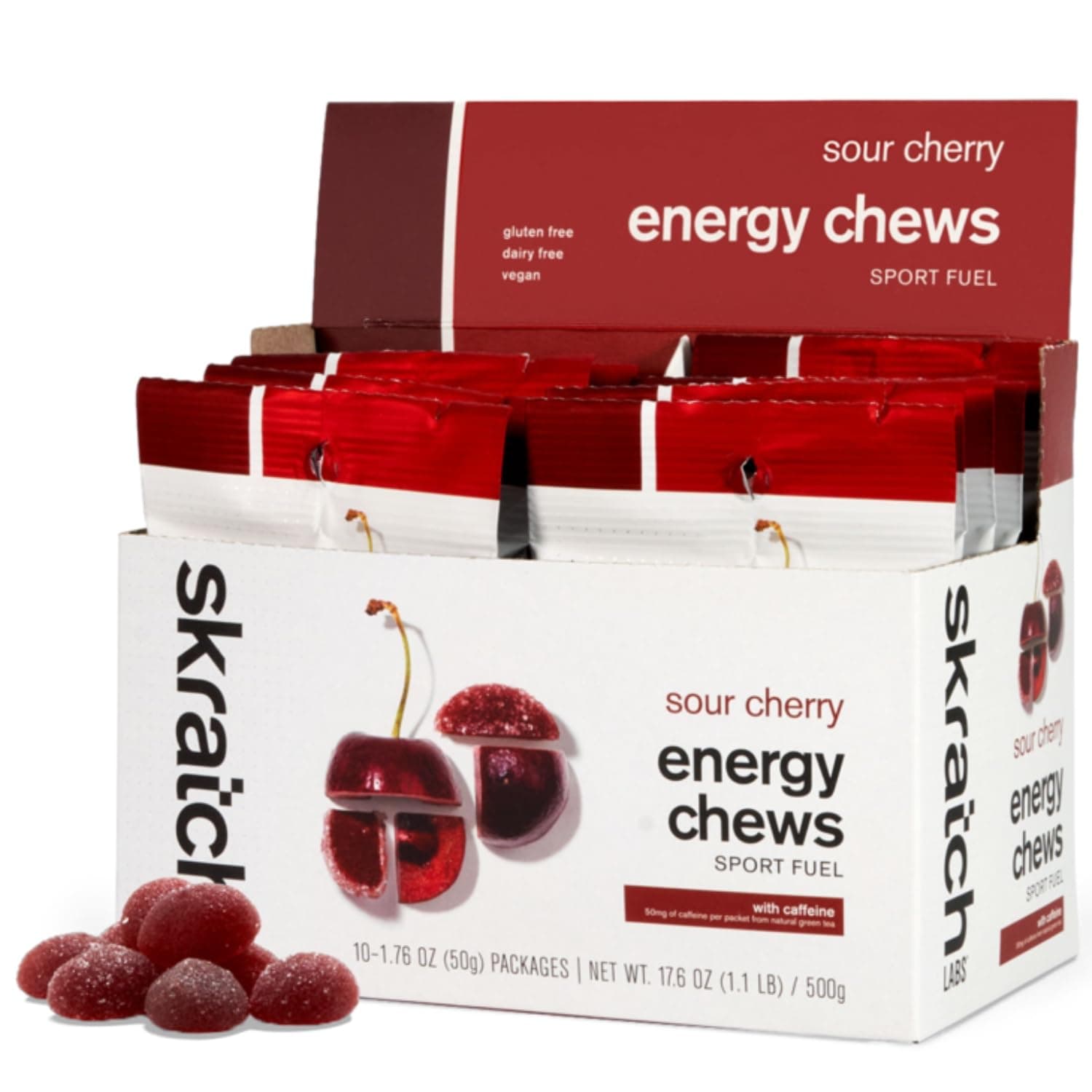 Skratch Labs Energy Chews with 50mg Caffeine | Caffeinated Gummies for Running, Cycling & Endurance Quick Carbs, Easy to Digest | Sour Cherry 10 Pack | Gluten Free, Vegan