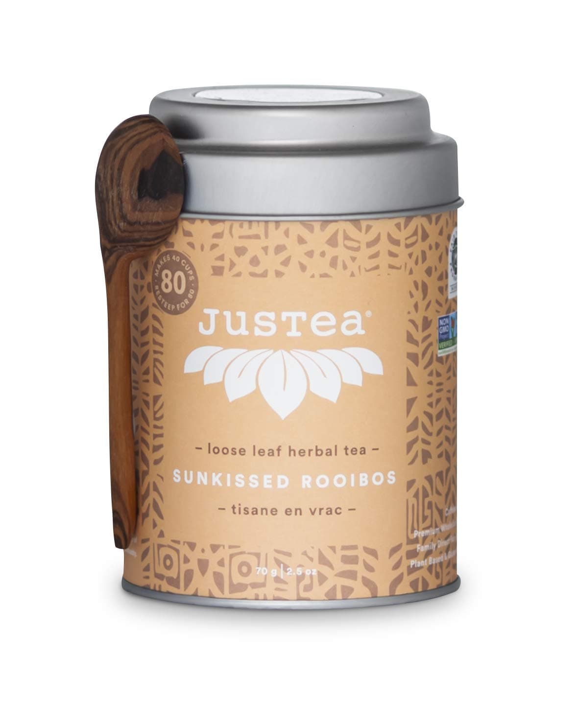JusTea SUNKISSED ROOIBOS | Loose Leaf Herbal Tea with Hand Carved Tea Spoon | 40+ Cups (2.5oz) | Caffeine Free | Award-Winning | Fair Trade | Non-GMO