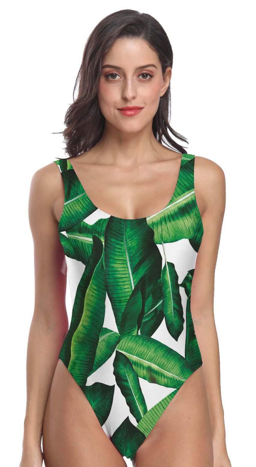 MIAIULIA Women's Print Retro 80s/90s Inspired High Cut Low Back One Piece Padding Swimwear Bathing Suits Leaf XL