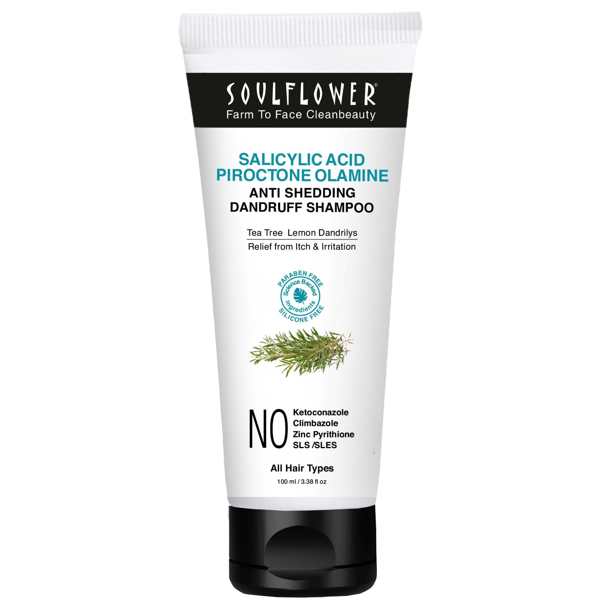 Soulflower Anti Dandruff Shampoo with Piroctone Olamine, 1% Salicylic Acid, Dandrilys -86% Dandruff Reduction in 4 washes* for Hair Growth, Hair Fall Control, Controls Itchy scalp Men & Women, 100ml