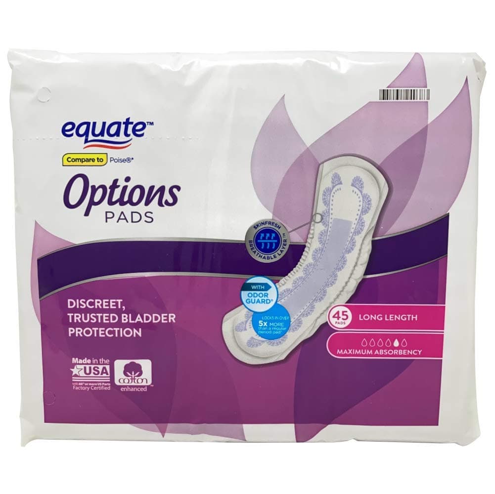 EquateOptions Maximum Absorbency Long Length Incontinence Pads, 45 Count