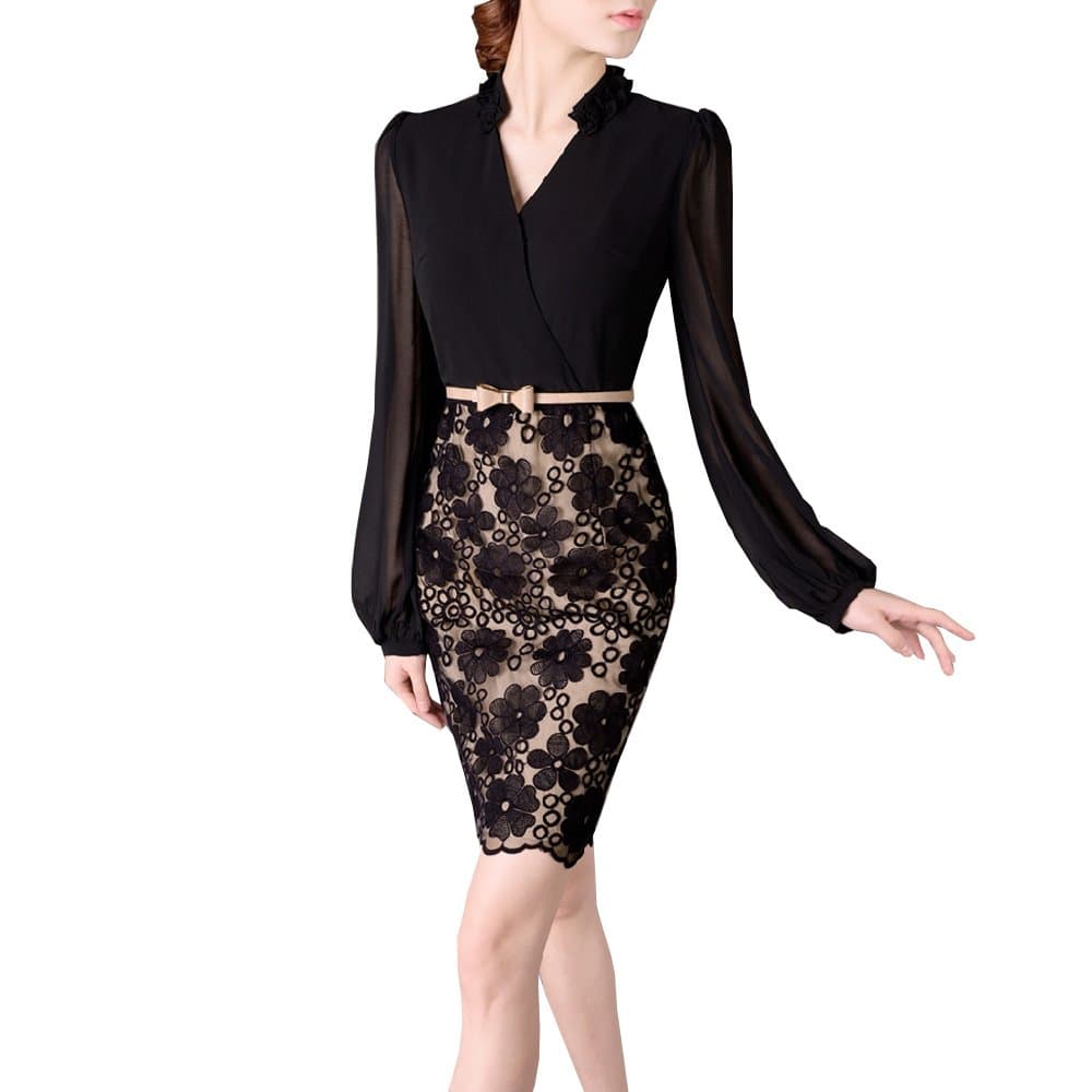 KingMas V-Neck Long Sleeve Lace Dress Elegant Bodycon Cocktail Dresses (XX-L)