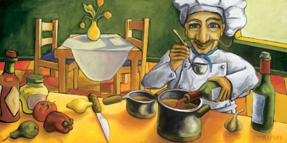 CANVAS-FRAMED-with-AMERICAN-BOX Jean Pierre Rafuse Will - Food horizontal Art print Breen Red White Orange Chef Whimsical Kitchen Floating frame 7_X_15_in