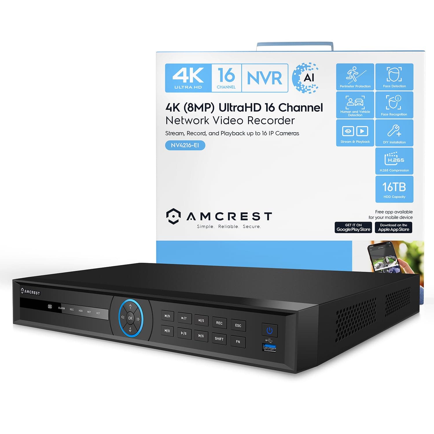 Amcrest4K NV4216-EI 16CH AI NVR, Smart NVR, Facial Recognition, Face Detection & Vehicle & Human Intruder Detection - Supports 2 x 16TB Hard Drive's (Not Included) (No PoE Ports Included)