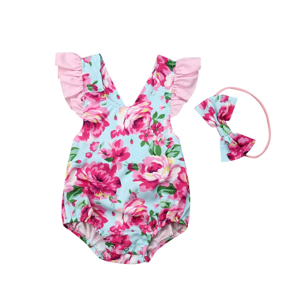 Suefunskry Fourth of July Infant Baby Girls Ruffle Backless Romper Bodysuit Bowknot Headband Outfits (Pink Flower Print, 12-18 Months)