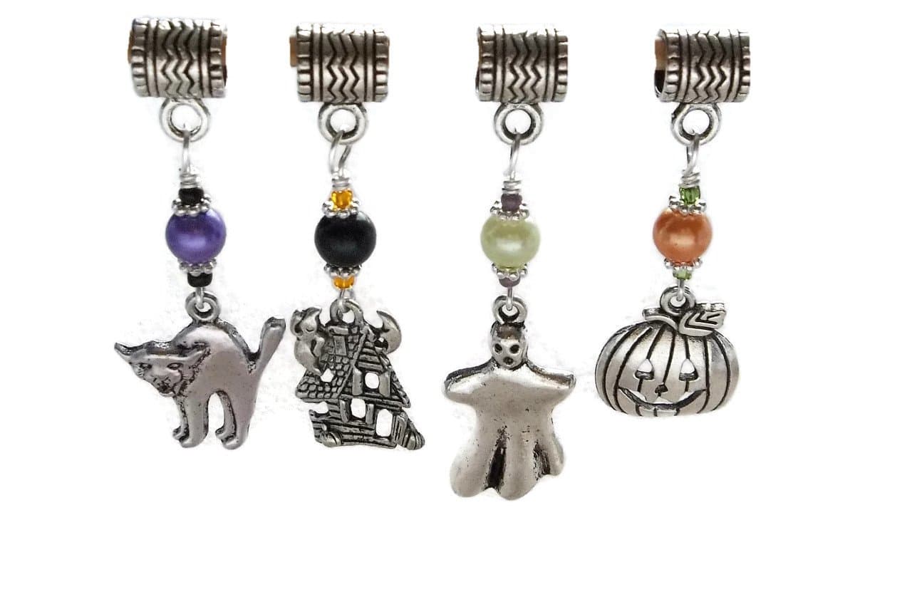 4pc Halloween Euro Charm Set Large Hole Beads Cat Haunted House Ghost Jack o Lantern