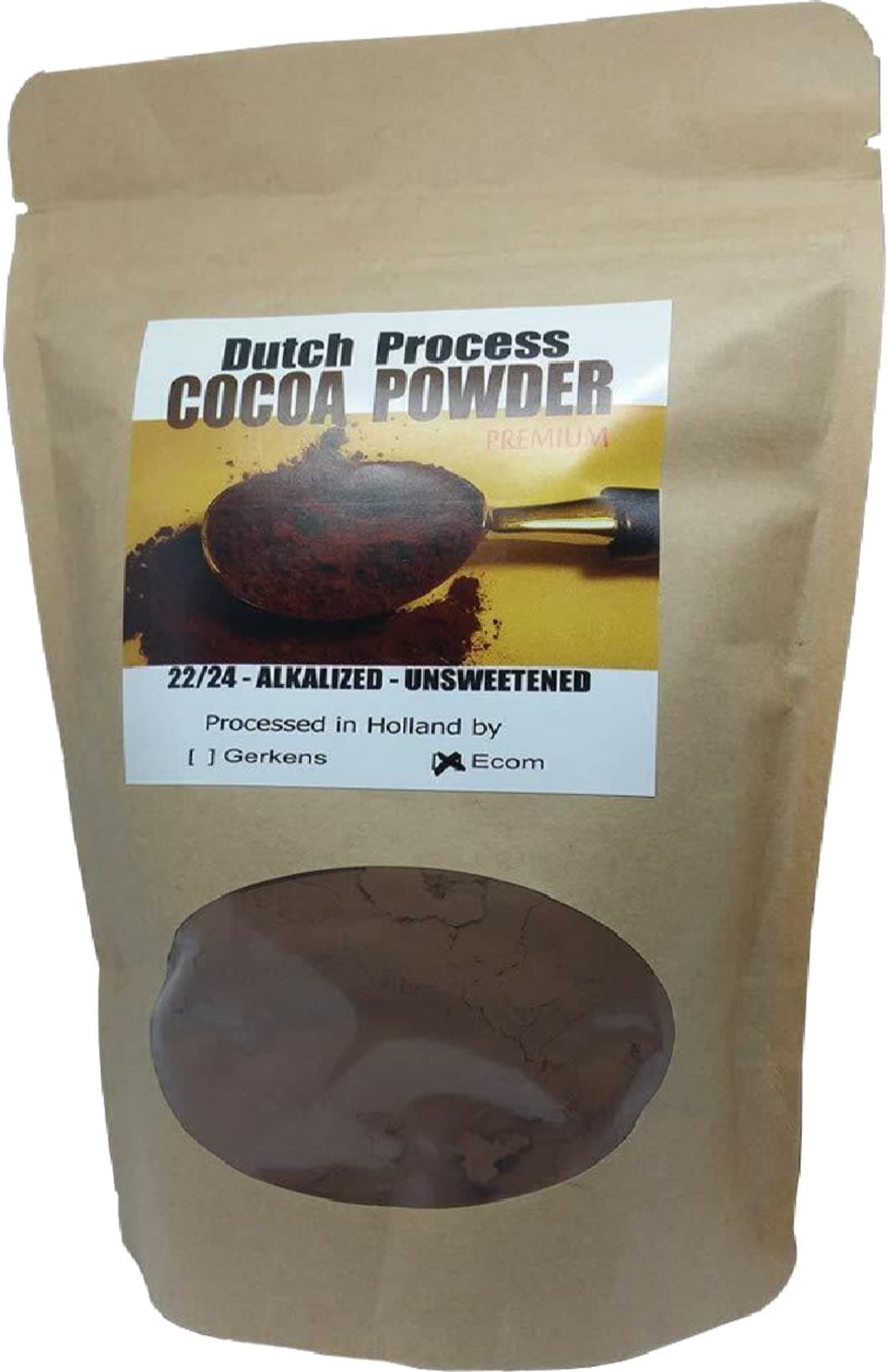 ECOM Dutch Process Cocoa Powder 22/24 Alkalized Unsweetened Mid-Brown Rich Full Flavor PREMIUM Classic European Style, Armsterdam Holland (16 oz)