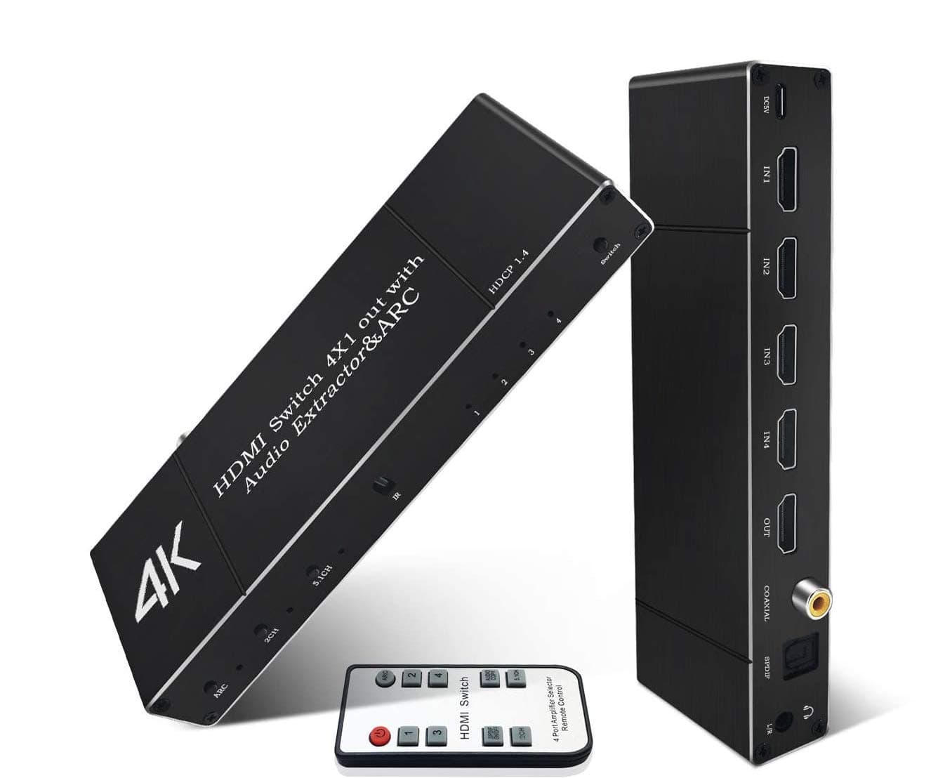 4K HDR HDMI Switch with Audio Out (Optical/Toslink/Coaxial/3.5mm), Koopman 4x1 HDMI 2.0b Switcher Audio Extractor Splitter with IR Remote, Up to 4K@60Hz High Speed 18.5Gbps, Supports ARC, HDCP 2.2, 3D