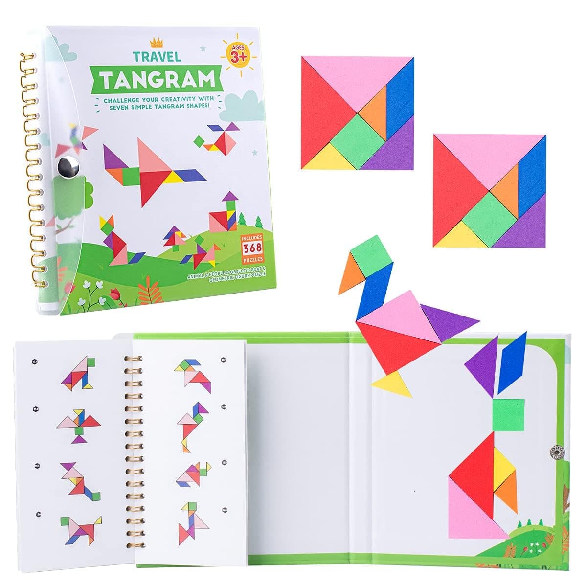 Vanmor Travel Tangram Puzzle with 2 Sets Magnetic Plate-Montessori Shape Pattern Blocks Jigsaw Road Trip Games with 368 Solution - IQ Book Educational Toy Brain Teaser Gift for Kids Adults Challenge