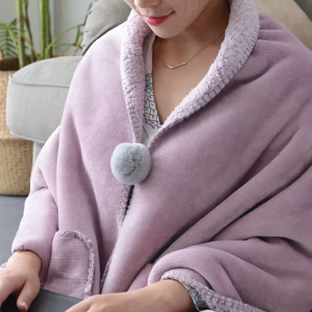 Flannel Cozy Wearable Blanket Cloak Style Winter Warm Scarf Shawl with Button and Pockets (purple, M)