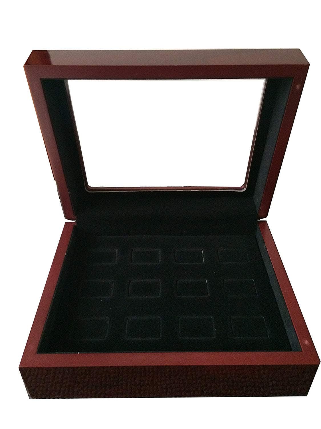 JunningGor 12 Holes Championship Big Heavy Ring Display Case Wooden Jewelry Box Red Velvet Inside (Red) (Black)