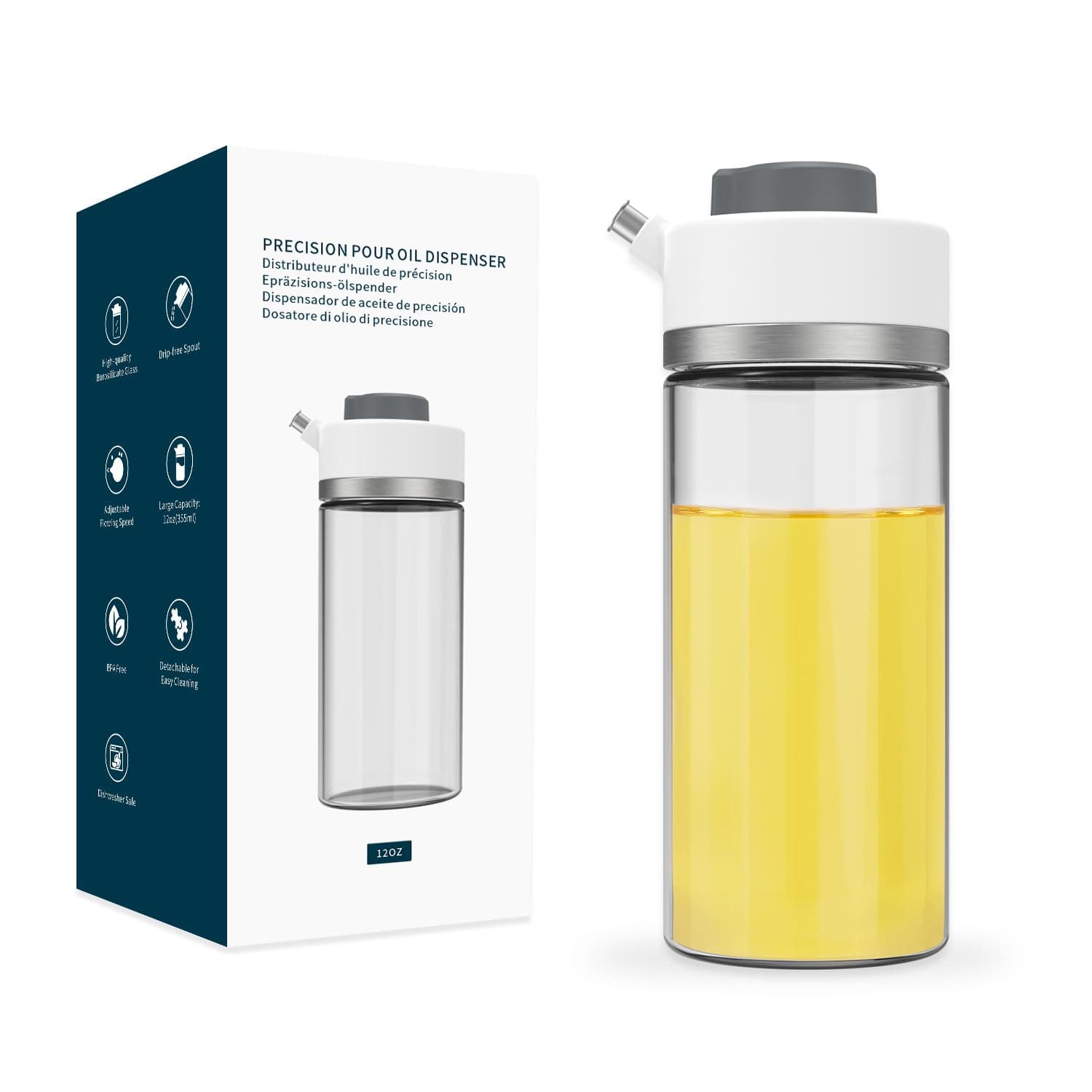 KITCHENDAOPrecision Pour Glass Oil Dispenser with 3 Modes, Drip-free Spout, Two Adjustable Flowing Speed, 12 oz Vinegar Dispenser Bottle for Kitchen, Borosilicate Glass Olive Oil Bottle for Cooking