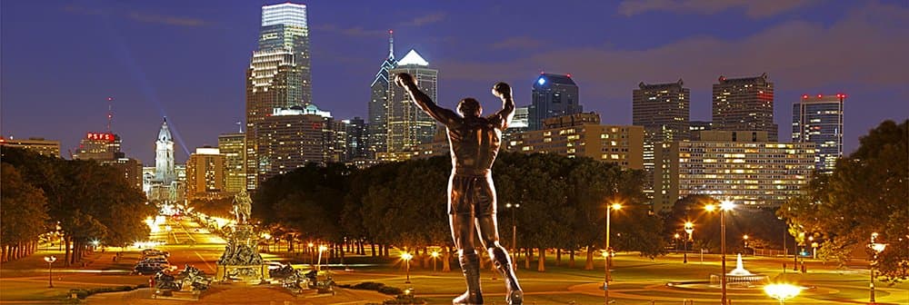 Center City Philadelphia Skyline with Rocky Statue - Panorama Canvas Art (12x36)