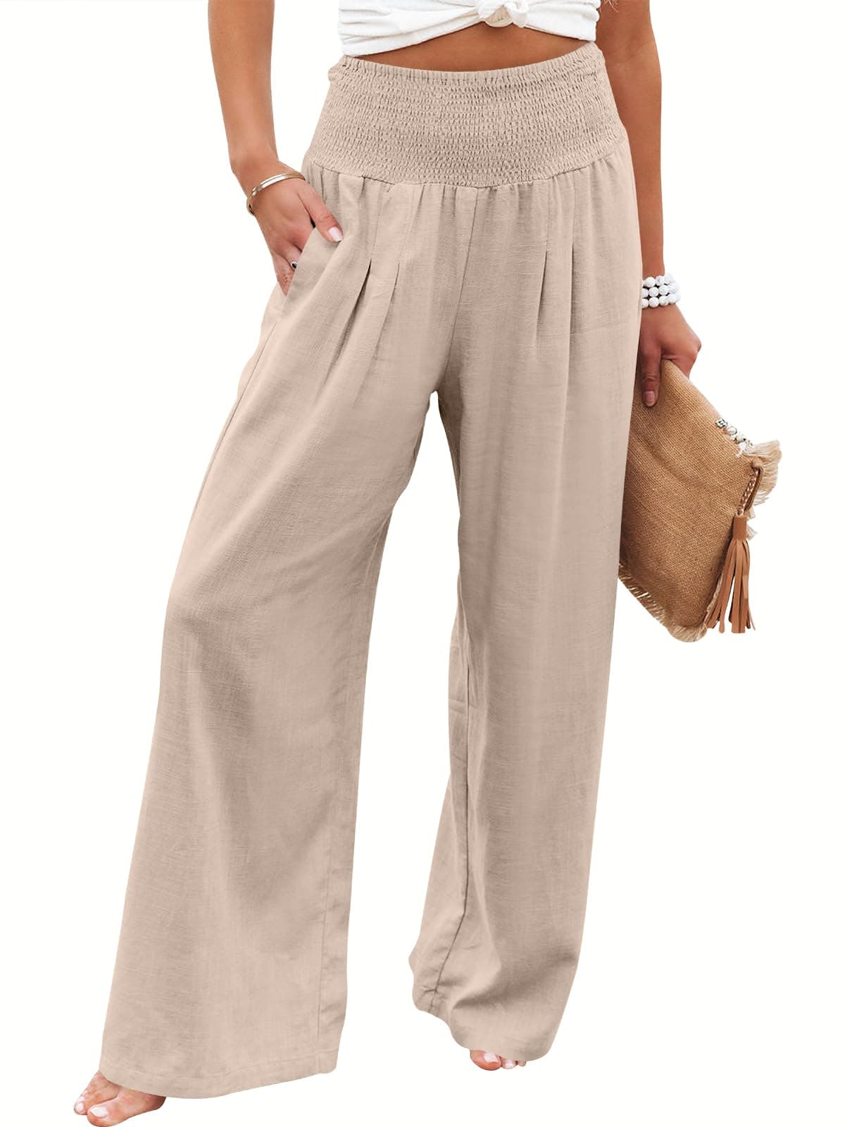 Women Linen Palazzo Pants Summer Boho Wide Leg High Waist Casual Lounge Pant 2026 Beach Travel Vacation Outfits