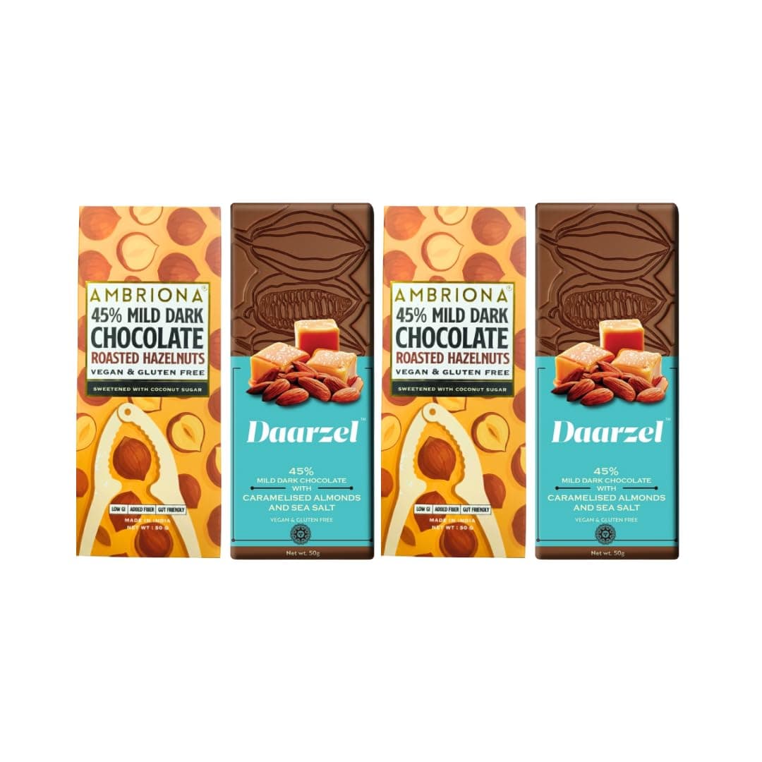 Daarzel Vegan & Gluten Free Mild Chocolate With 45% Cocoa – Roasted Hazelnut & Caramelised Almond with Sea Salt | Pack of 4 (50g Each)