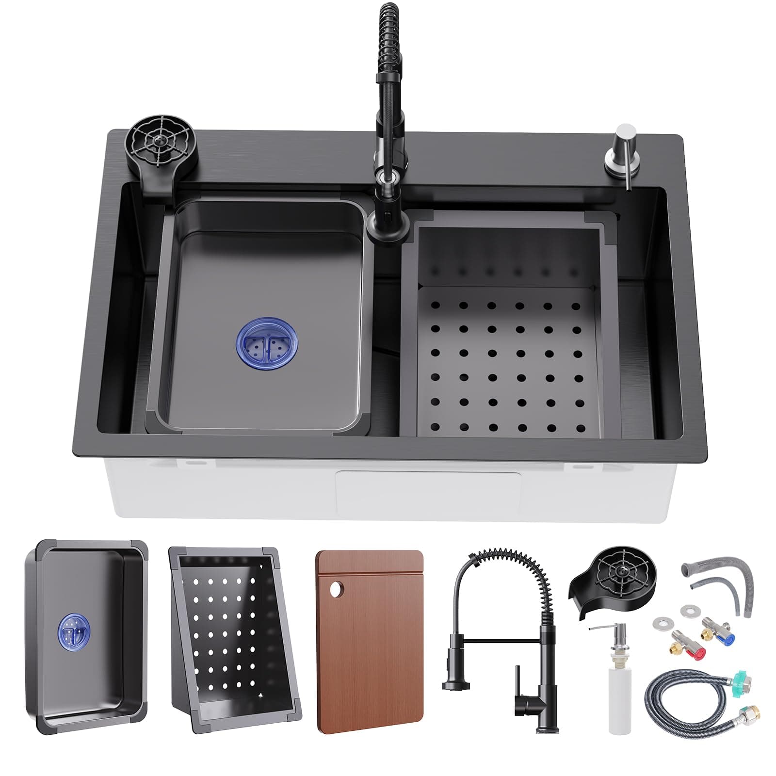 beiheruz 29.5 x 17.7 inch Kitchen Sink, Single Bowl Stainless Steel Sink Multifunctional Drop In Sink with Pull-Down Faucet and Multiple Accessories (Black Grey, 29.52 * 17.71)