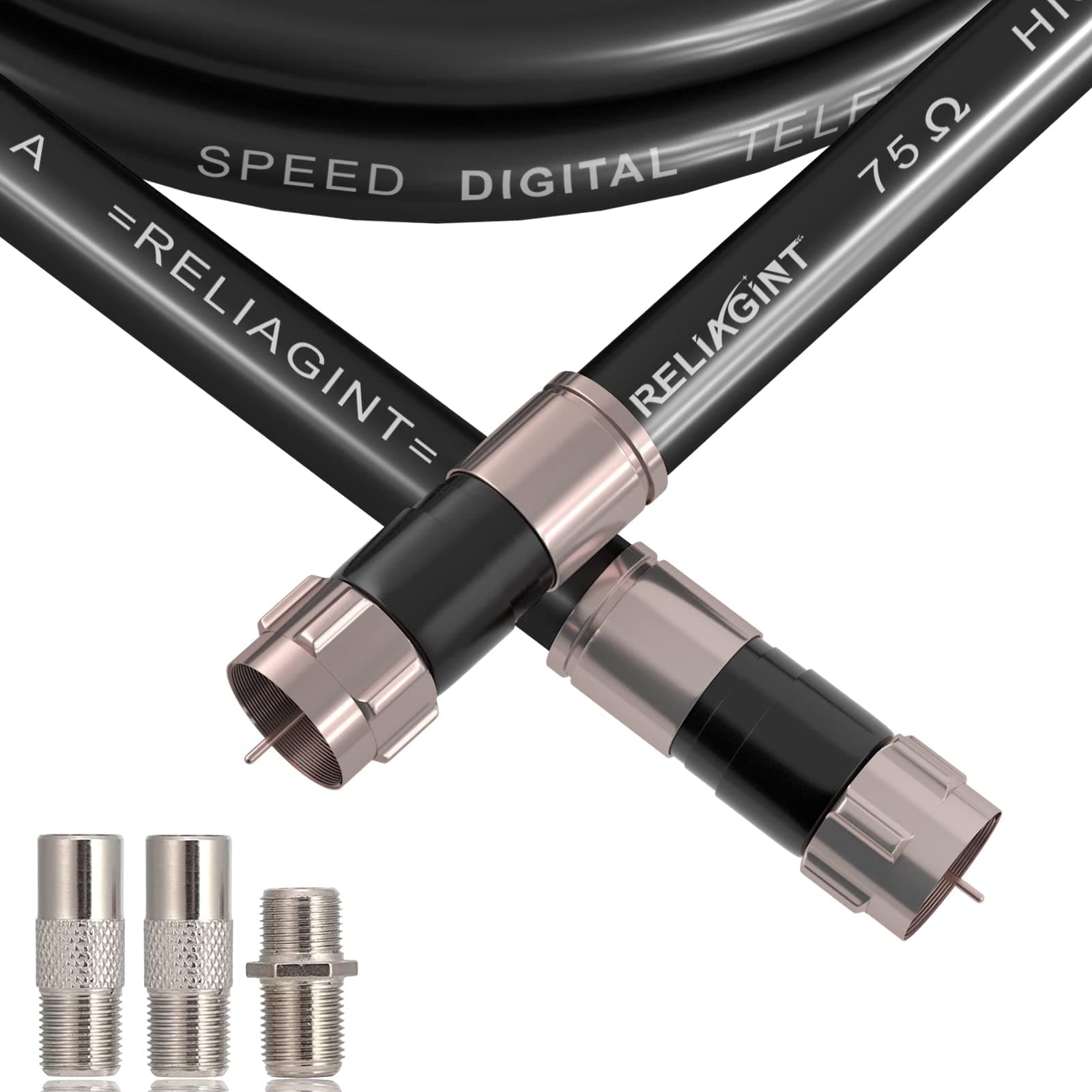50FT RG6 Coaxial Cable with F Connector, F81 Female Extender Adapter, Low Loss High Speed Coax Cable Cord Extender for HD TV, Dish, Satellite, Antenna, TV Cable (50Feet, Black)