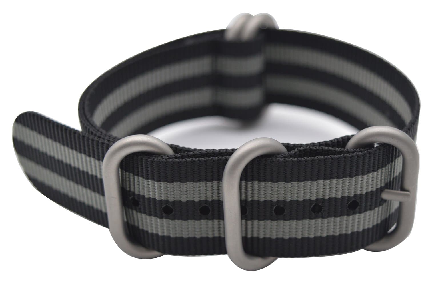Watch Band with Colorful Nylon Material Strap and Heavy Duty Brushed Buckle (Black/Grey, 22mm)