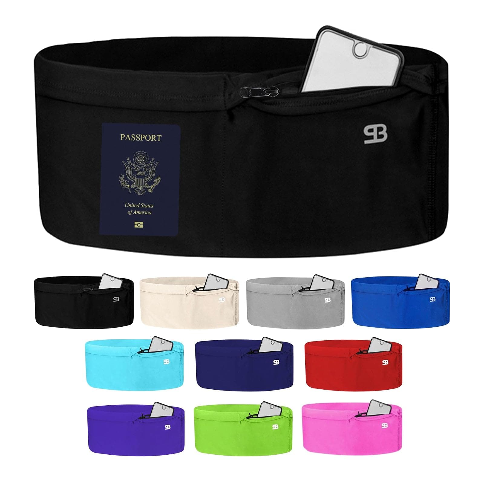 Stashbandz Travel Money Belt Running Belt Hip and Waist Pack with 4 Large Security Pockets and Zipper, Fits All Size Cell Phones, Passport and More Elastic Spandex Fabric Unisex Black