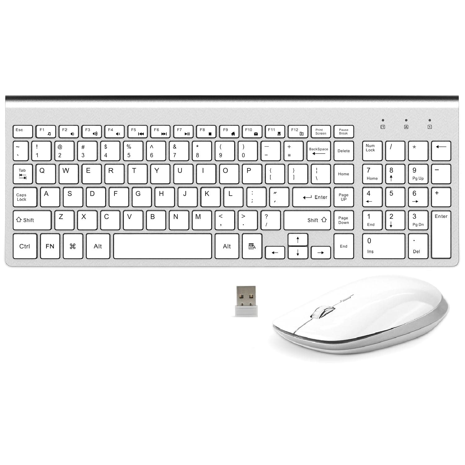 FENIFOX Wireless Keyboard and Mouse, USB Full Size Quiet Compact Compatible with iMac Mac PC Laptop Tablet Computer Windows (Silver White)