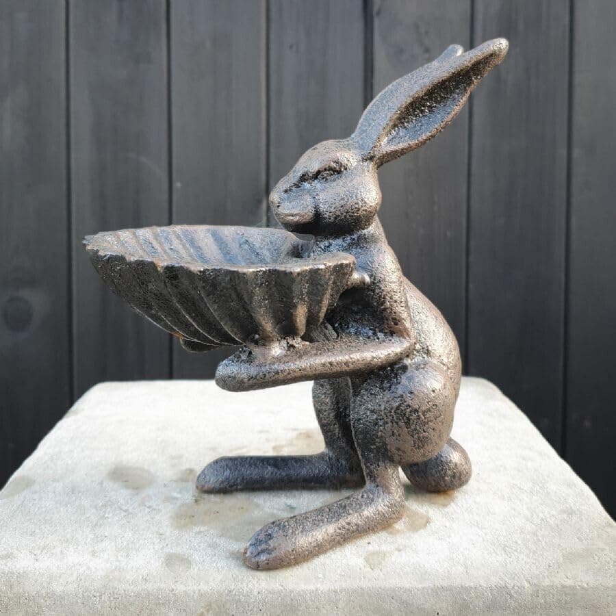Cast Iron Hare Bird Feeder | Bunny Rabbit Bath Decor Metal Home Garden Ornament