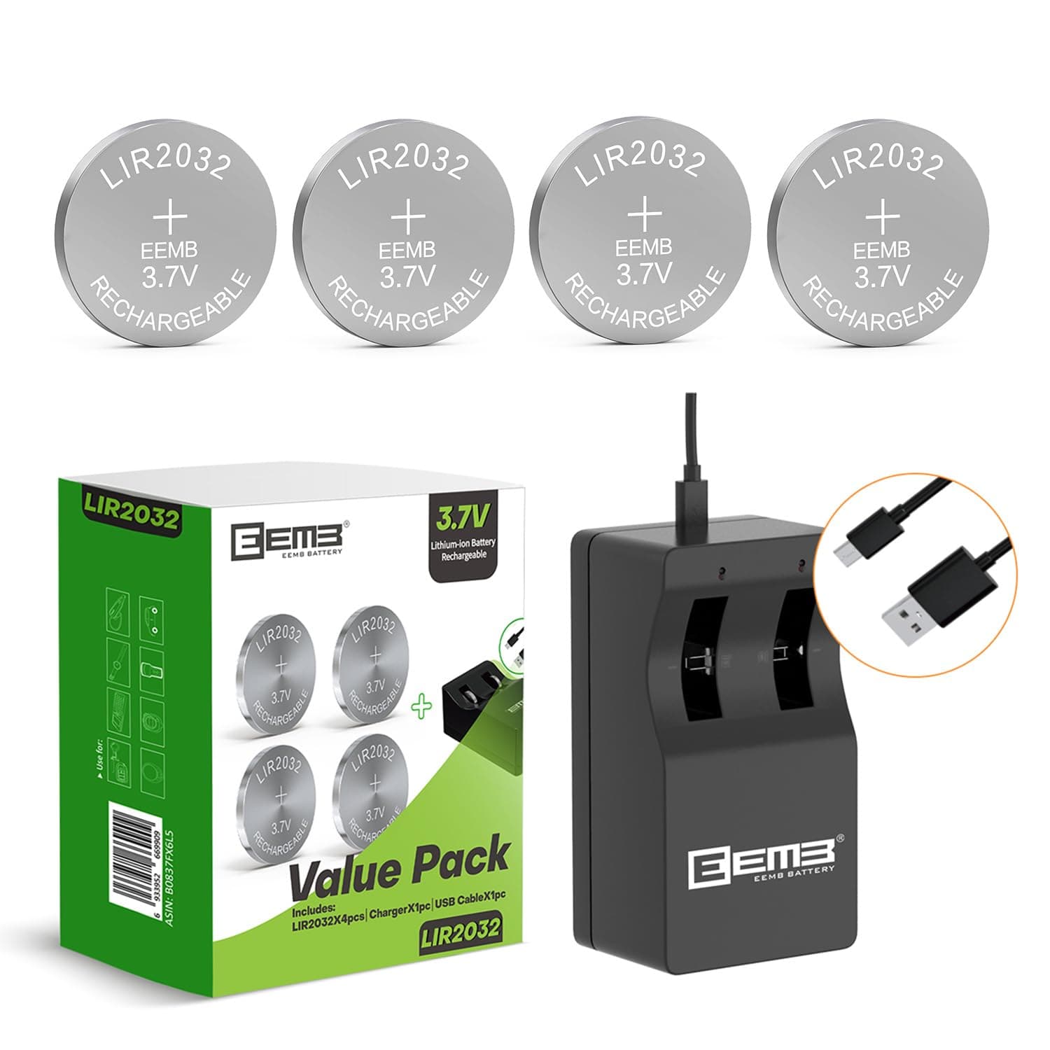 EEMB 2032 Rechargeable Batteries with Charger LIR2032 3.7V Lithium-ion Coin Button Cell Batteries 45mAh Remote Key Fob Watch 4PCS
