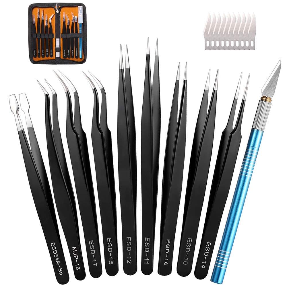 Bionso Precision Tweezers Set, 9 PCS Premium ESD Tweezer set, 1 PCS Craft Knife and 10 PCS Spare Blades. Anti-Static Stainless Steel Tweezers Kit and Knife for Electronics, Craft, Soldering, etc.