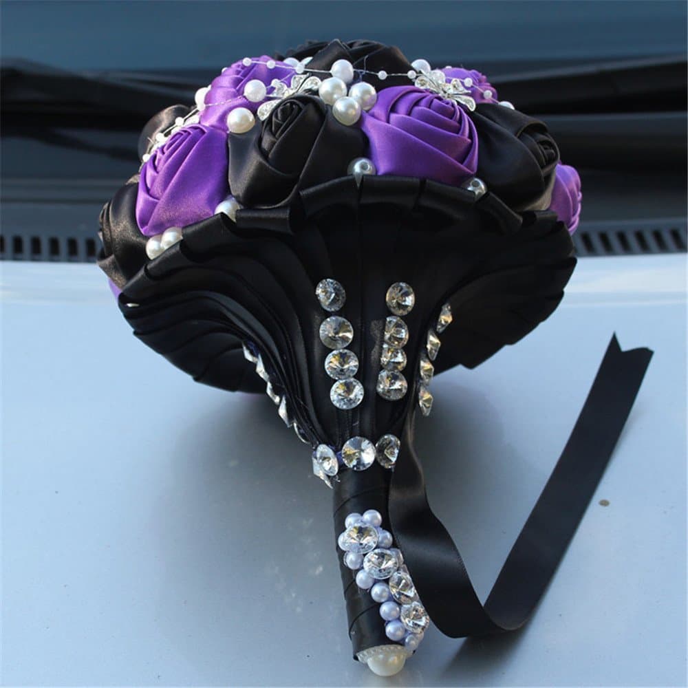 FYSTORE Advanced Customization Romantic Bride Wedding Holding Bouquet Roses with Diamond Pearl Ribbon Valentine's Day Bouquet Confession Many Colors for Choose 18cm (Purple+Black)