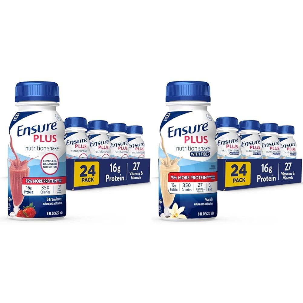 Plus Nutrition Shake with 16 Grams of Protein & Ensure Plus Liquid Nutrition Shake with Fiber, 16 Grams of Protein, Vanilla, 8 Fl Oz Bottle (Pack of 24)