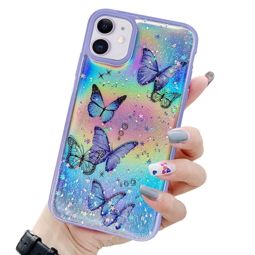 LCHULLEGirly Case for iPhone SE 2020 iPhone 7 iPhone 8 Case Cute Iridescent Butterfly Design Laser Bling Glitter Stars Girls Women Soft TPU Bumper Drop Protection Cover for iPhone 7/8/SE2020, Purple