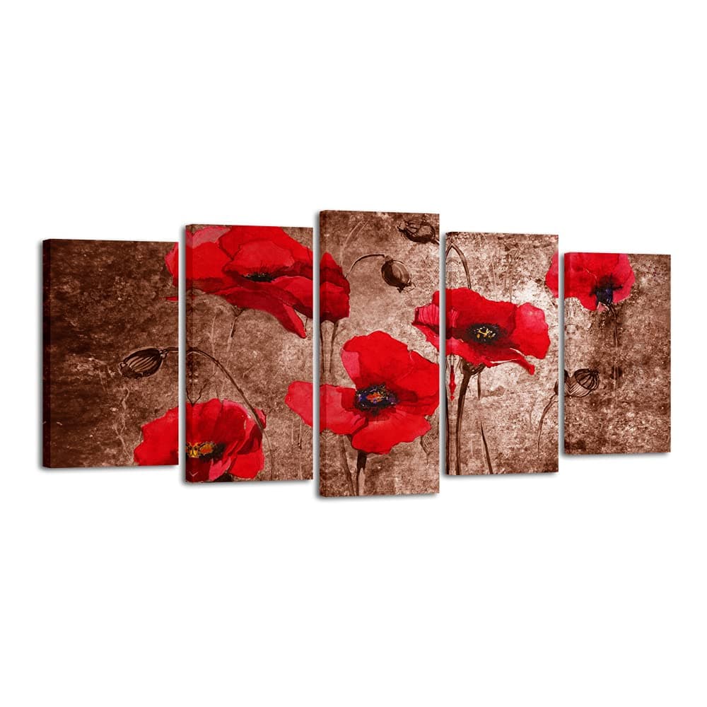 Wieco Art Red Poppies on Brown 5 Panels Modern Gallery Wrapped Floral Giclee Canvas Print Flowers Pictures to Photo Paintings on Canvas Wall Art Work Ready to Hang for Living Room Home Decor L