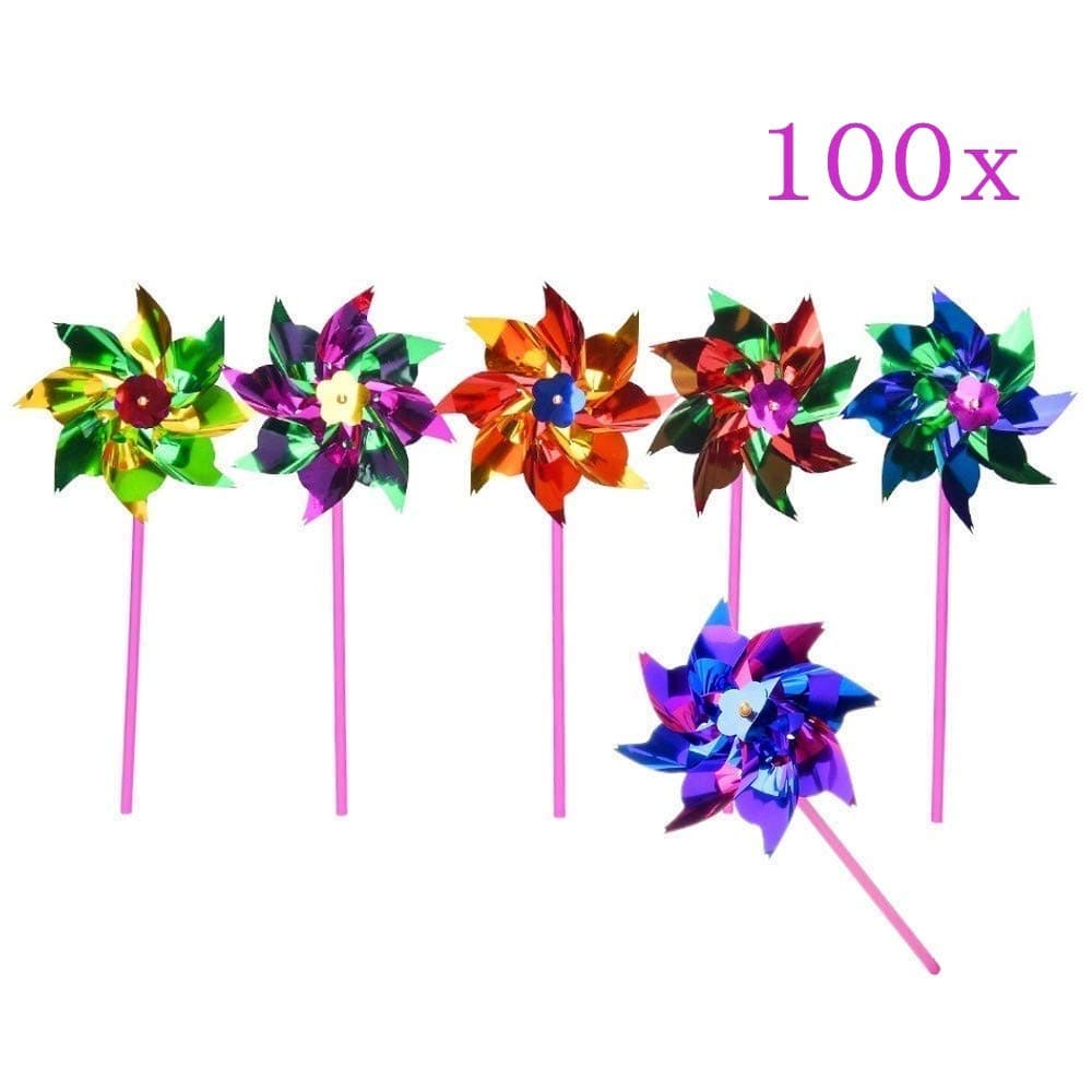 100x Waterproof foil windmills outdoor toys for children garden decoration ornament pinwheel spinners for kids birthday party favours giveaways thank you gift party bag filler