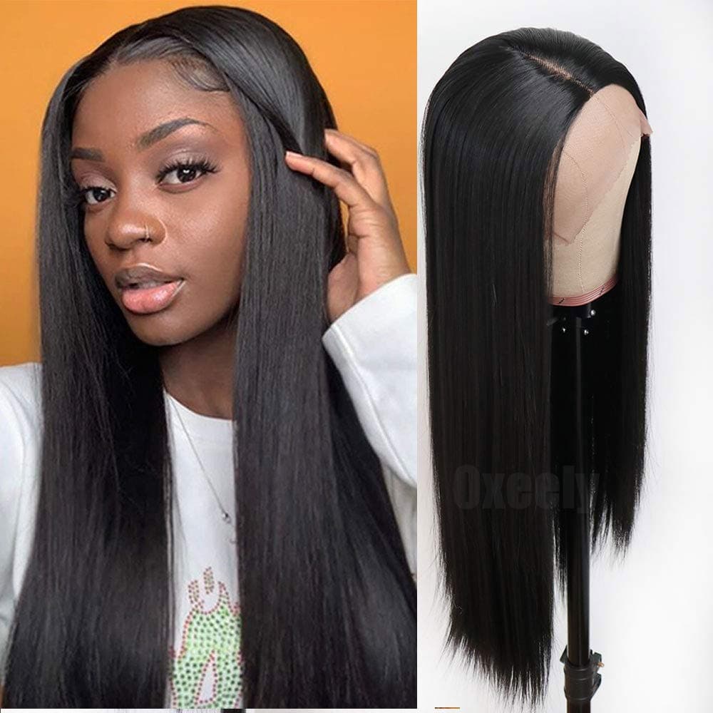 Oxeely Black Long Straight Synthetic Lace Front Wigs for Women Glueless Lace Wig YAKI Heat Resistant Fiber Hair Wig 22 inch