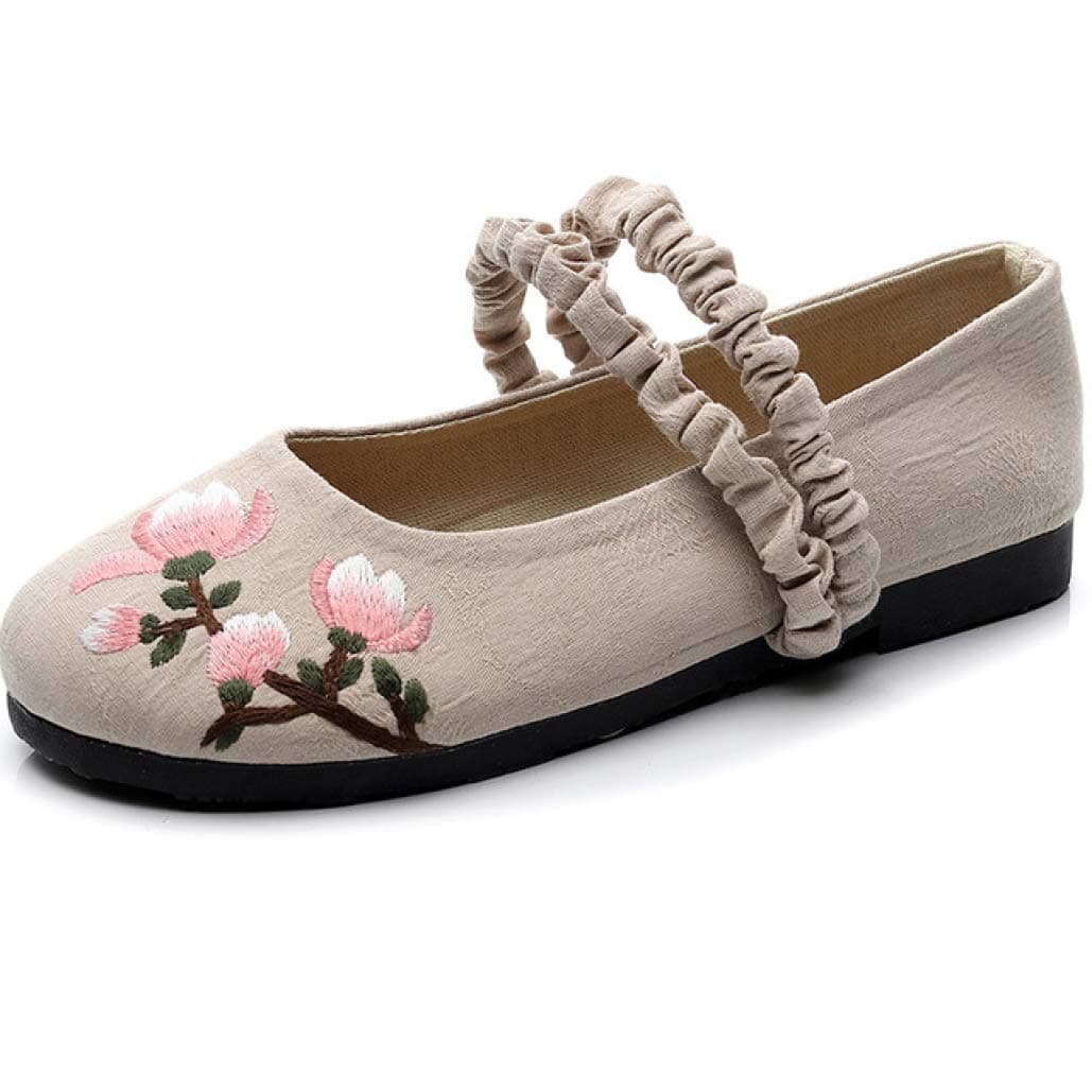 Crimeng Women Elastic Strap Ladies Linen Cotton Ballet Flats Soft Female Casual Embroidered Shoes Loafers
