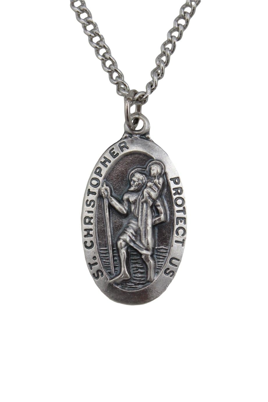 Fine Oxidized Silver Tone St Christopher 1-3/8-inch Medal on 24-inch genuine rhodium-plated chain with Gift Box (SO8747)